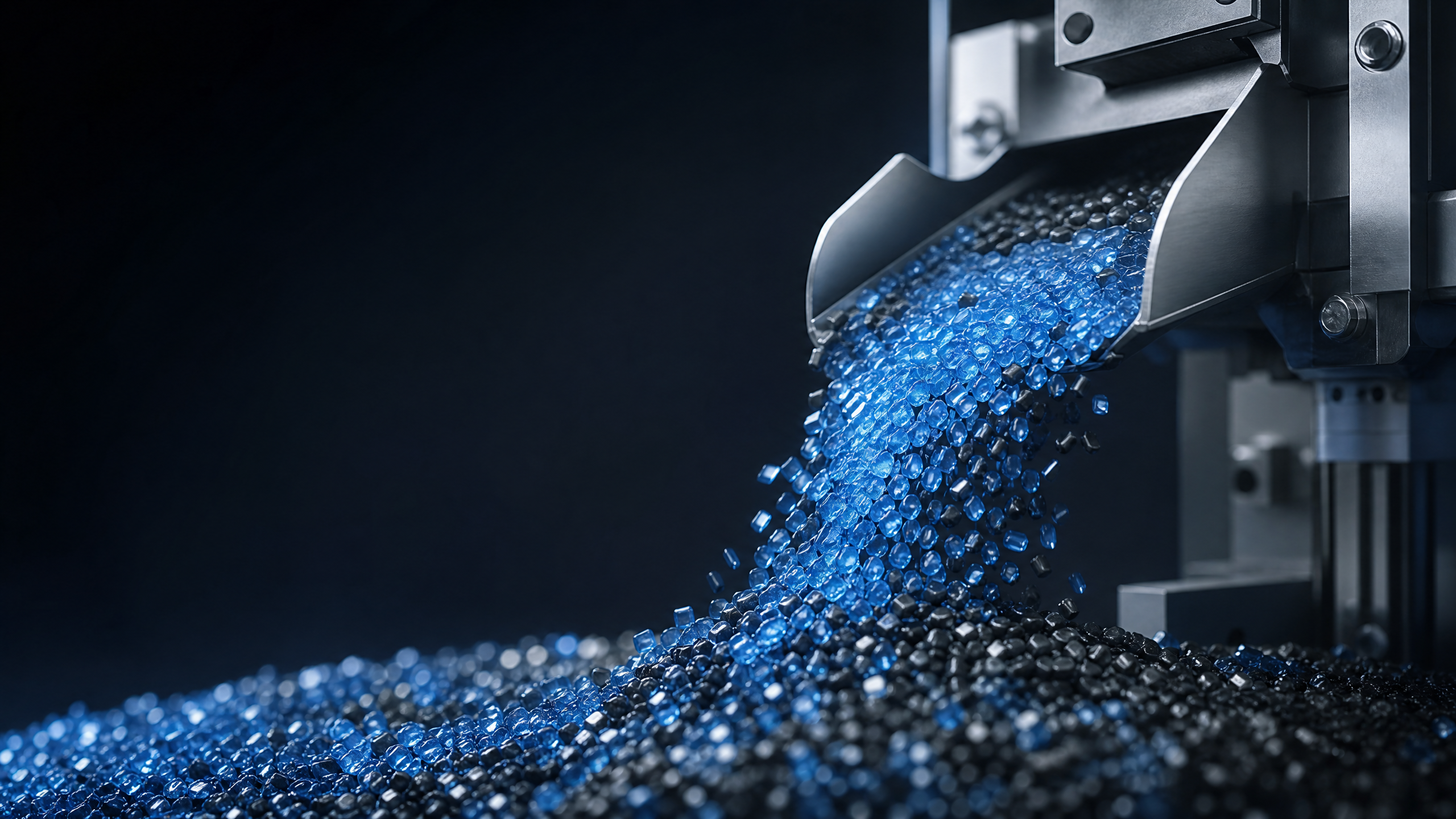 Gránulos de polímero azul en una línea industrial